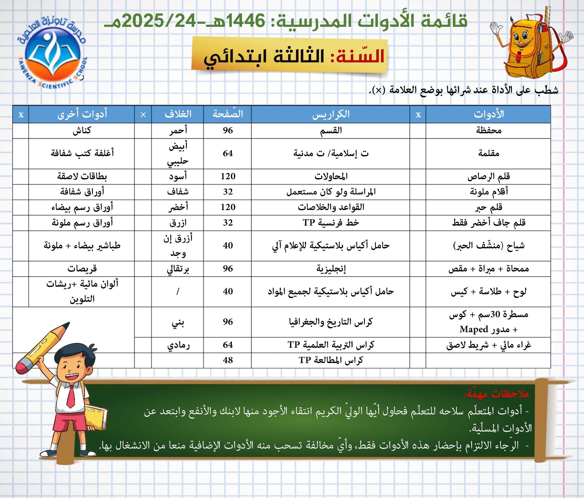  قائمة الأدوات المدرسية الموسم المدرسي  1446هـ- 2025.24م