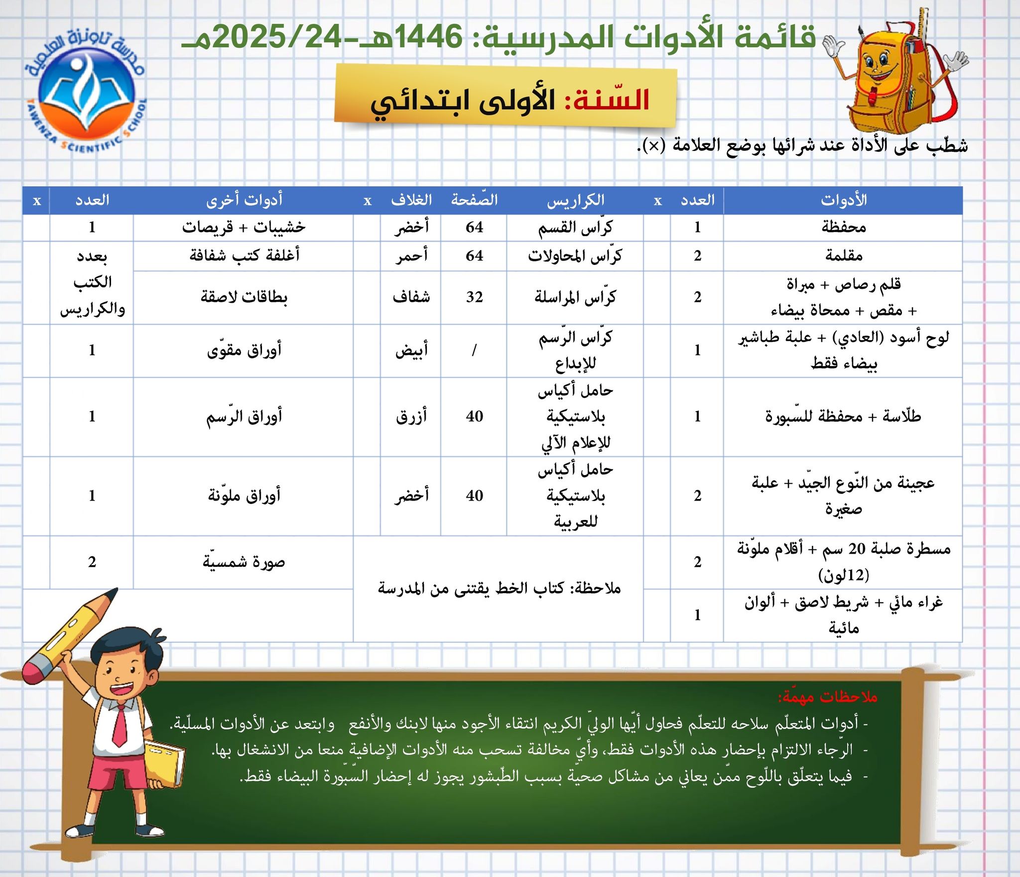  قائمة الأدوات المدرسية الموسم المدرسي  1446هـ- 2025.24م