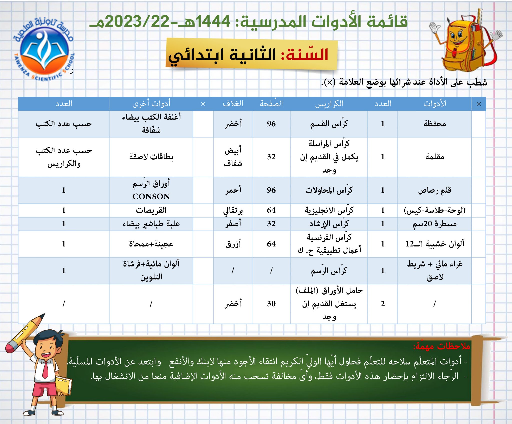 قائمة الأدوات المدرسية لكل الاطوار الموسم : 1444هـ- 2023-22م