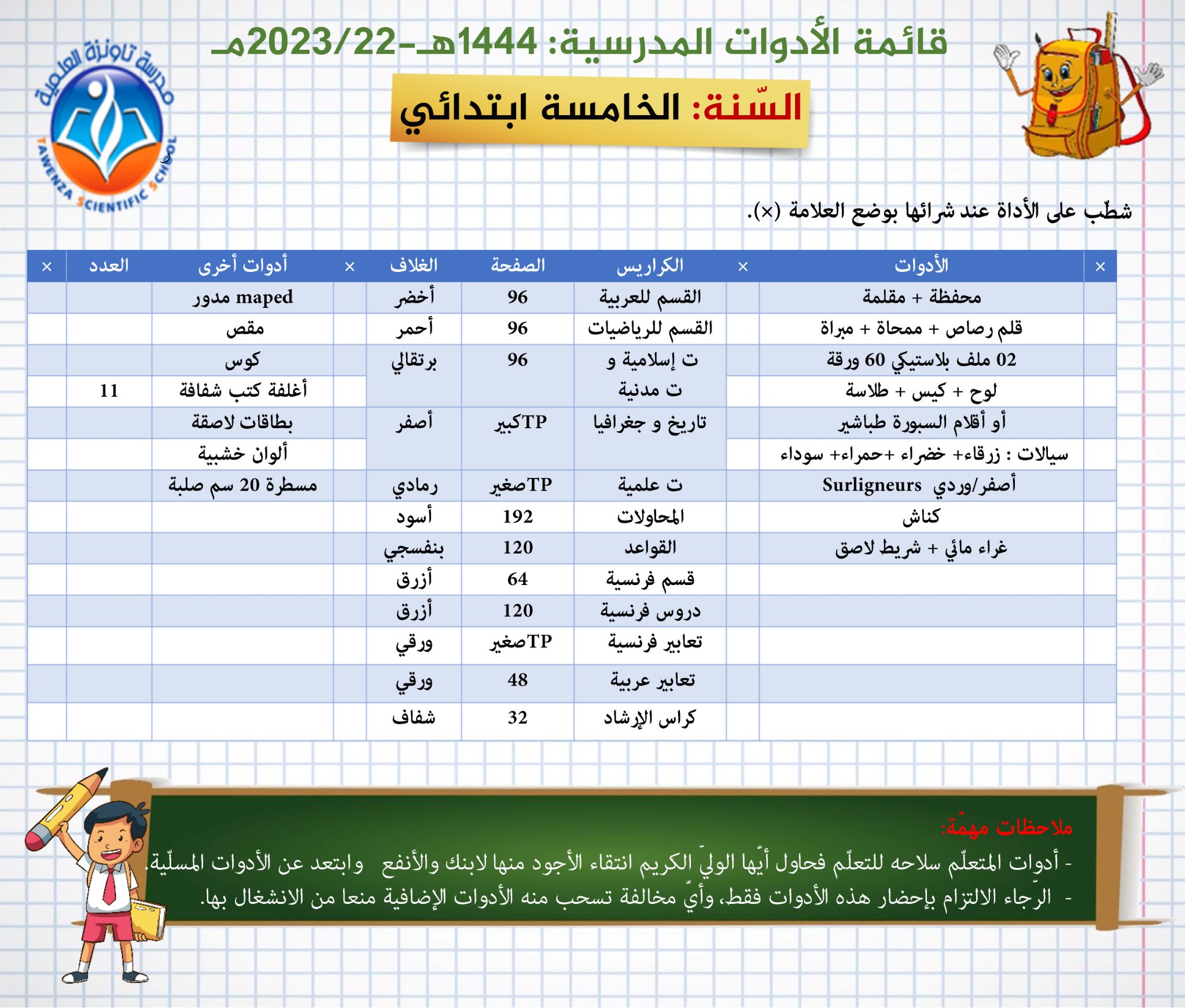 قائمة الأدوات المدرسية لكل الاطوار الموسم : 1444هـ- 2023-22م