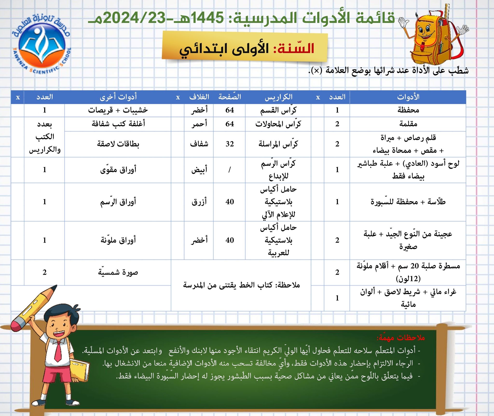 قائمة الأدوات المدرسية لكل الاطوار الموسم  : 1445هـ- 2024-23م