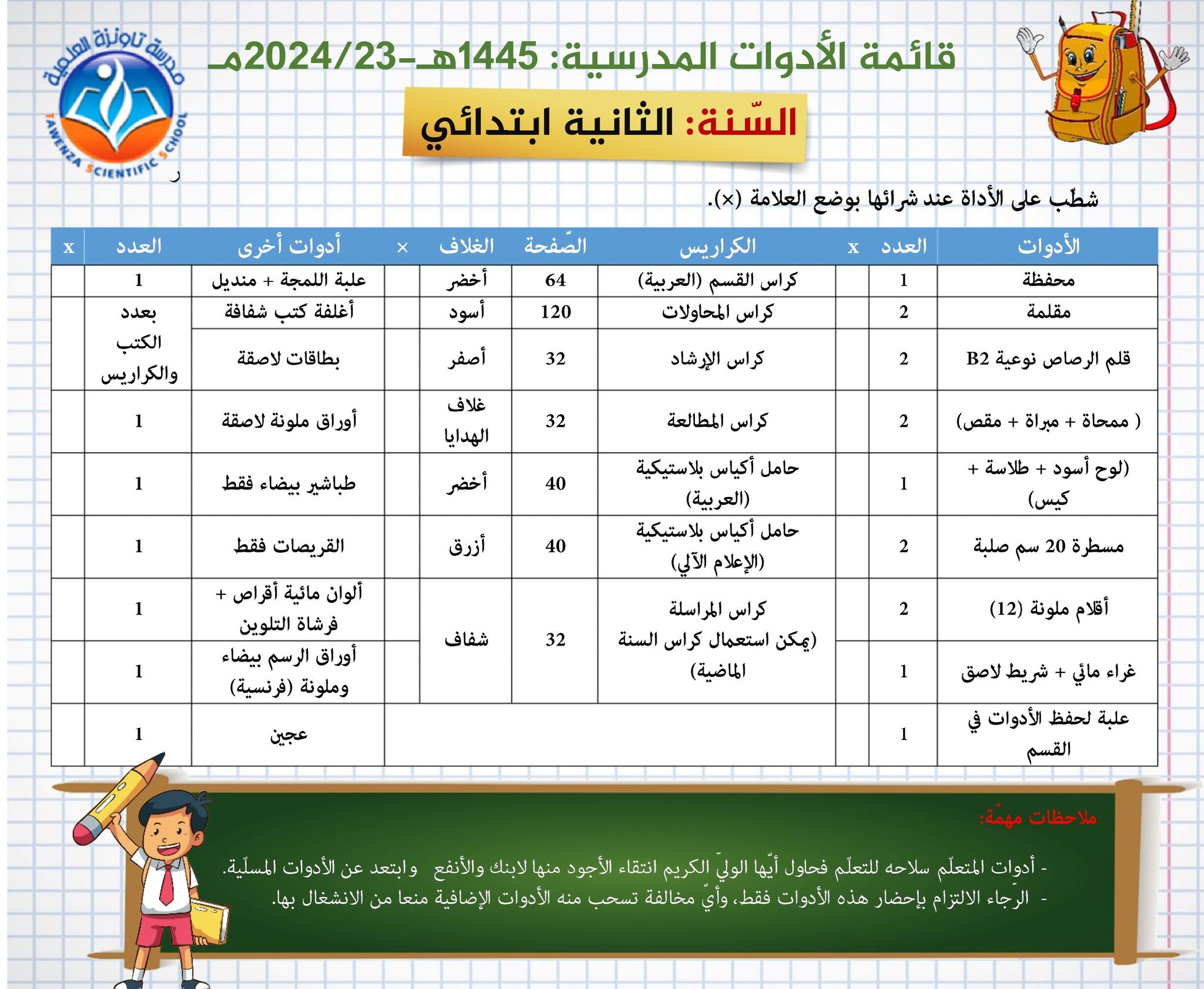 قائمة الأدوات المدرسية لكل الاطوار الموسم  : 1445هـ- 2024-23م