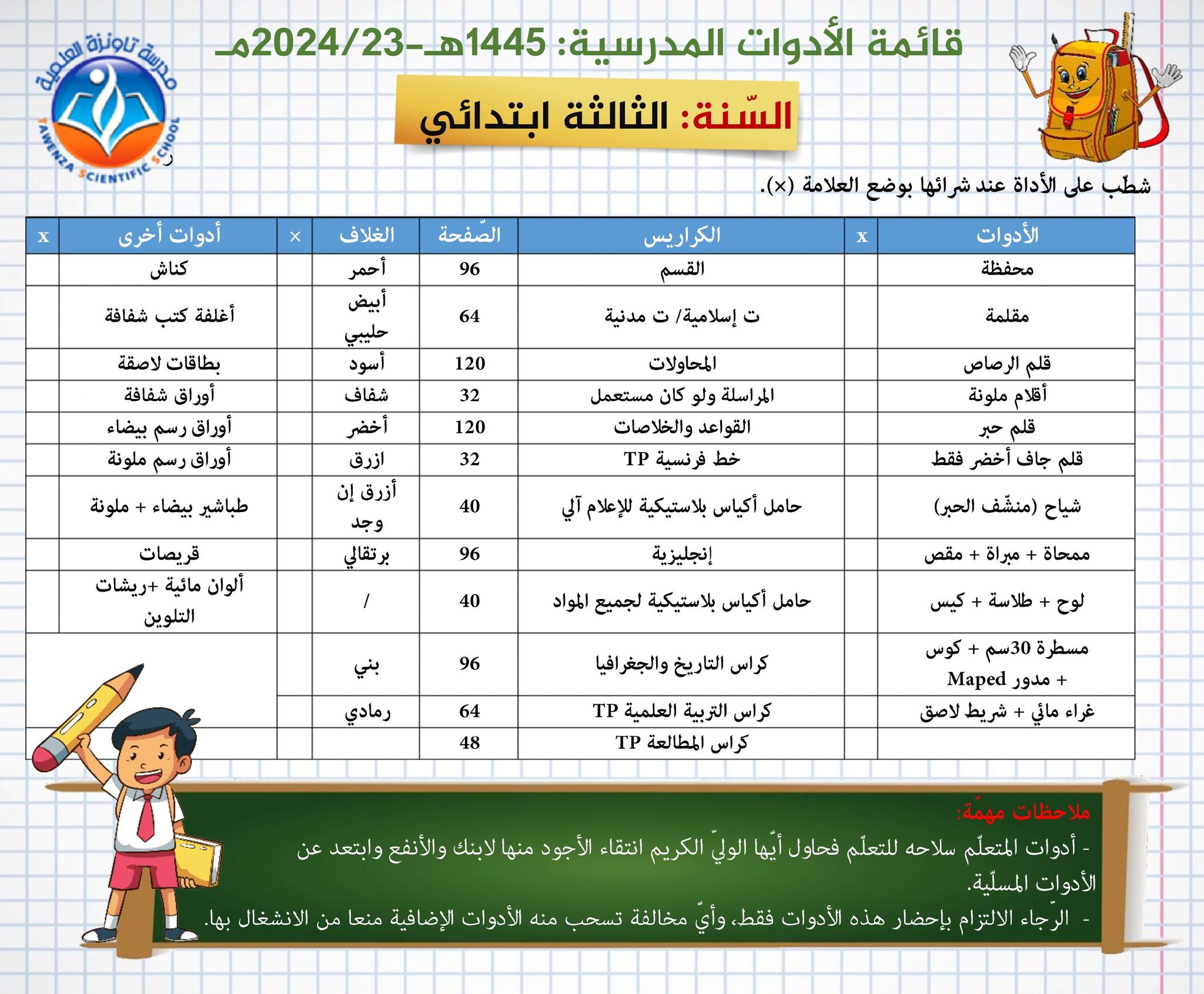 قائمة الأدوات المدرسية لكل الاطوار الموسم  : 1445هـ- 2024-23م