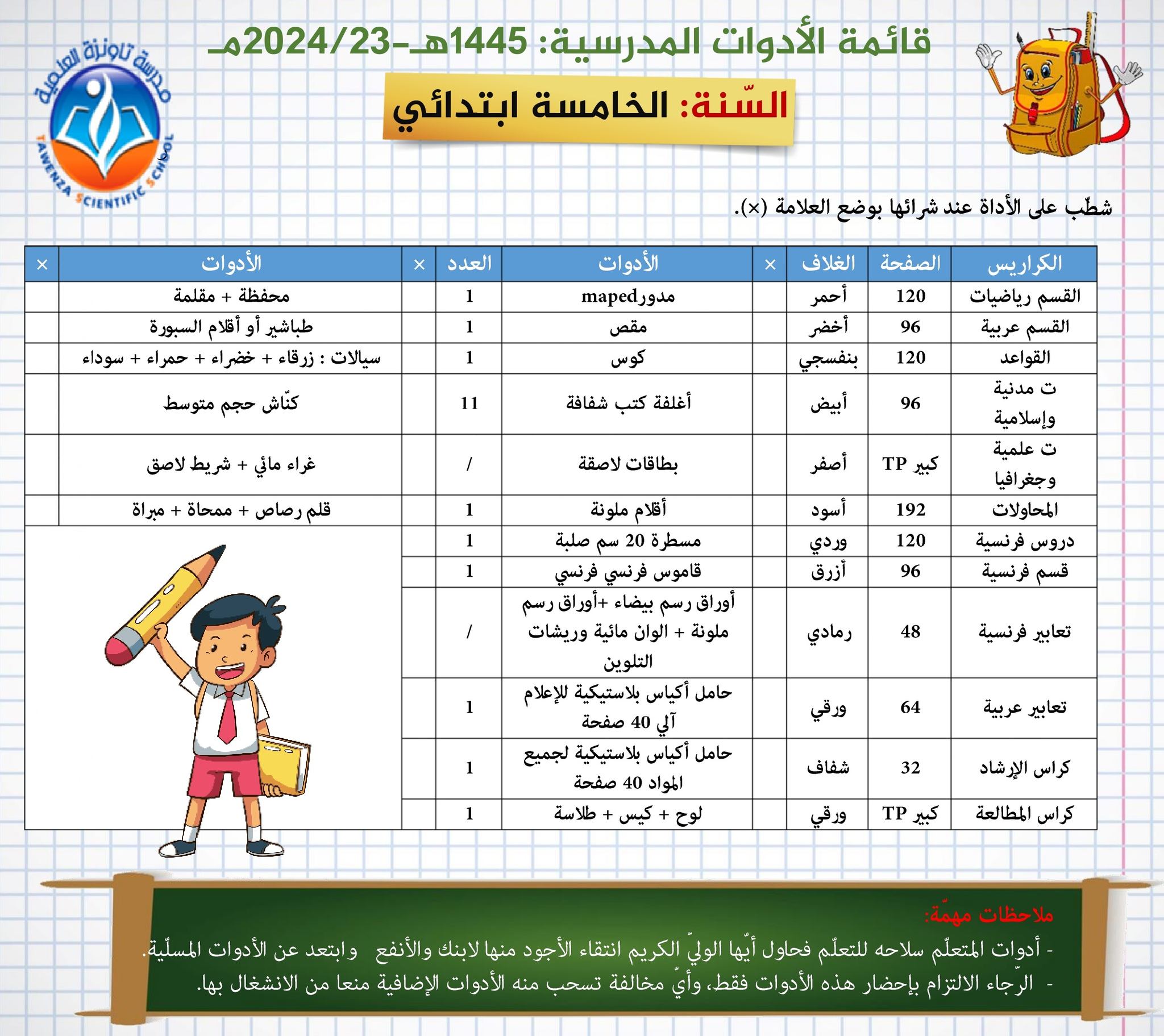 قائمة الأدوات المدرسية لكل الاطوار الموسم  : 1445هـ- 2024-23م